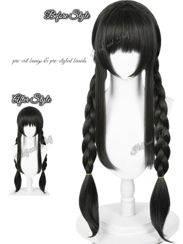 Image of Half and Half Homura Akemi Cosplay Wig Long Black Gray Braided Anime Wig with Bangs 35.4'' Black Pigtails Wigs for Women Halloween Party Daily
