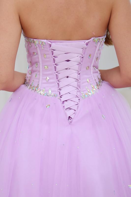 Image of Likedpage Women's Strapless Tea Length Prom Dress, Tulle Ball Gown with Crystal Beading, Corset Back
