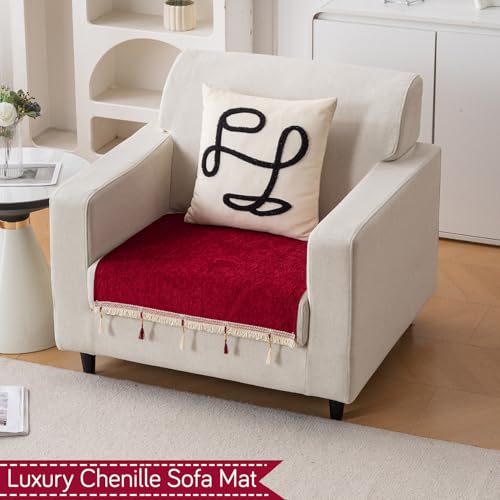 Image of HOKIPO 'Serenity Tassel' Chenille 1 Seater Sofa Cover with Tassel - Crimson Ruby (IN-890-MRN)