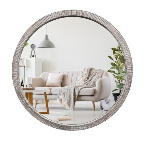 GIFTTROVE 30" Round Wood Mirror, Large Wooden Mirror, Rustic Wood Round Mirrors for Wall Decor, Circle Wall Mirrors for Entryway, Living Room, White Washed Frame