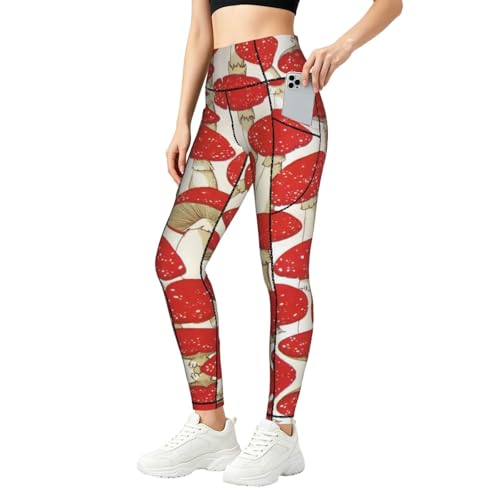 Leggings de gimnasio para mujer con estampado de hongos rojos deportivos