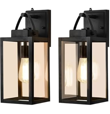 Dusk to Dawn Sensor Outdoor Light Fixtures, 13 inches Porch Sconces Wall Mounted Lighting with E26 Sockets, Glass Shades Exterior Waterproof, Anti Rust Matte Black Wall Mount Front Door Lantern, 2Pack
