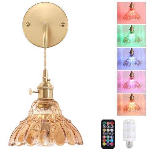 Image of Shenmoyl Battery Operated Wall Sconce Wall Lamp with Amber Lily of the Valley Shade Pattern Glass Adjustable Chain Retro Gold Wall Mounted Light, Modern Wall Lamp Fixtures Decor for Bedside Bedroom