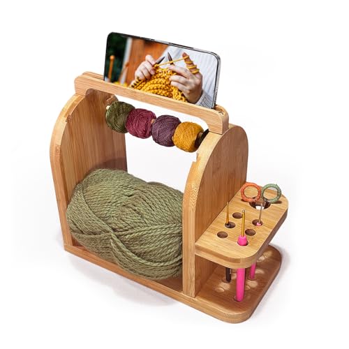 Image of Yarn Holder for Crochet Accessories - Durable Bamboo Wood Knitting Accessories Yarn Storage Organizer with Built-in Phone Stand - Tangle-Free Dual Rods and Tool Holder - Works with Skein, Cake, Ball
