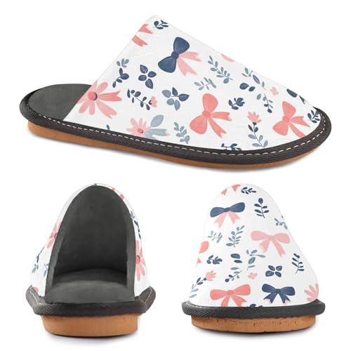 Slippers for Women Bow Flower Pattern Pink Soft Winter Warm Shoes Indoor Outdoor Non-Slip House Travel Slippers4