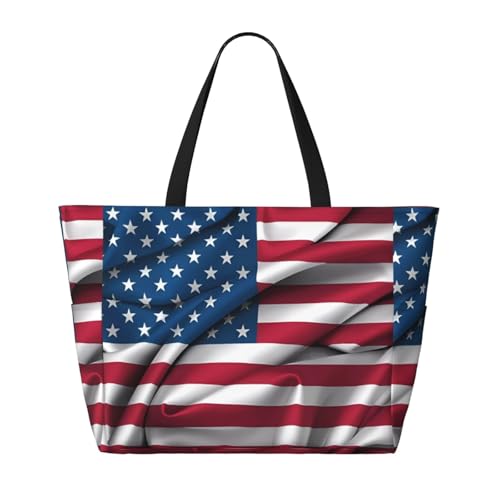 American Flag Print 28L Large Beach Tote Bag, 7 Pockets Waterproof Travel Shoulder Bag, Gym Oversized Tote2