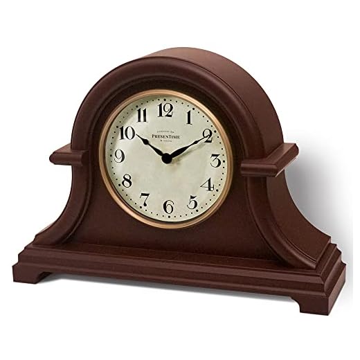 Presentime & Co. Mantel Clock Vintage Farmhouse Series, Napoleon Desk & Shelf Clock, 13 x 10 inch, Domed Lens, Quartz Movement, ABS Plastic Case, Walnut Brown Finish (Home/Tabletop Decoration)