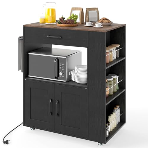 COSTWAY Desserte de Cuisine sur roulettes (2 Verrouillables), Multiprise Intégrée, îlot de Cuisine avec 3 Porte-Épices, Chariot de Service avec Tiroir &...