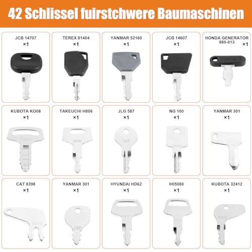 Baumaschinen Schlüssel Set 42Stk Bagger Schlüssel Kit Ersatz Zündschlüssel für Cat, Komatsu, Kubota, Hitachi, Takeuchi, Raupe, Kobelco, Volvo, Bobcat (42)