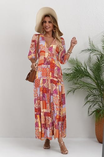 Image of Women Short Sleeve V Neck Floral Print Casual Bohemian Maxi Dresses