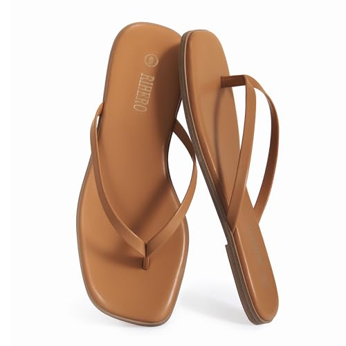 Image of Rihero Flip Flops for Women Comfortable Square Toe Beach Sandals Slip On Leather Thong Flat Sandals Dressy
