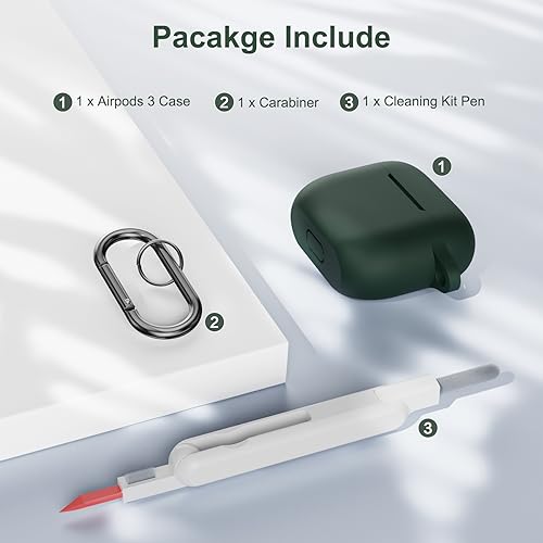 KOKOKA Case Cover Compatible with Airpods 3 with Cleaner kit, Premium Soft Silicone Skin Case Cover Shock Absorbing Protective Case for Airpods 3rd Generation with Carabiner, Dark Green - Image 6