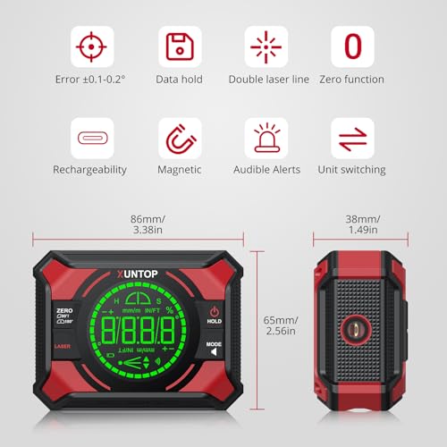 Image of XUNTOP 4x90 /2x180(0.01) Digital Angle Finder with Dual Laser Digital Angle Gauge with Bottom and Back Magnetic Rechargeable Inclinometer with Digital Level Bubble (Class 2 Laser, <1mW Power Output)