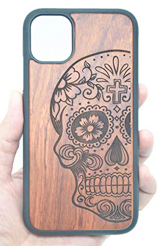 Holz sammlung Funda para iPhone 11 (6.1 Pulgada) - Natural Hecha a Mano de Bambú/Madera Carcasa Case Cover Compatible con Apple 11 Protector - Cráneo de Madera de Rosa y TPU