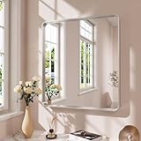 JISOSO Brushed Nickel Bathroom Mirror 36x36 Inch, Brushed Silver Metal Frame Mirror Wall Mounted, Rounded Bathroom Vanity Mirror, Tempered Glass, Anti-Rust, Horizontal/Vertical