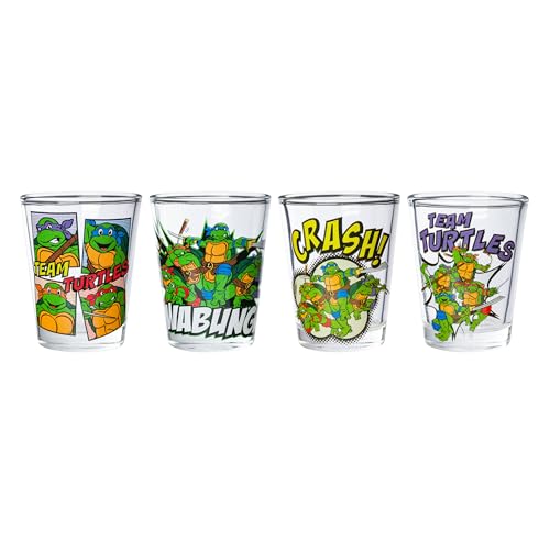 Image of Silver Buffalo Teenage Mutant Ninja Turtles TMNT Featuring Leonardo, Rapheal, Donatello, and Michelangelo 4 Pack Mini Glass Set, 1.5 Ounces