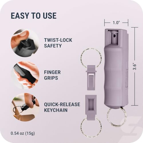 Image of Sabre Pepper Spray with Quick Release Keychain for Self Defense - Maximum Police Strength OC Spray with UV Marking Dye, Twist Lock Safety, Finger Grip, 10‑Second Spray, 14‑ft Range, Made in USA