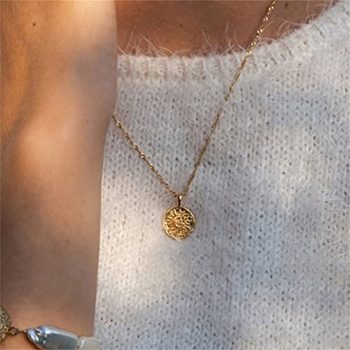 Gold Engraved Coin Pendant Necklace For Women Girls 925 Sterling Silver Tiny Small Round Circle Moon Star Sun Boho Byzantine Choker Link Chain Adjustable Dainty Christmas Birthday Jewelry Gift 18 Inch #TOP1