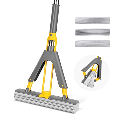 Myiosus Balai Serpillère éponge avec Essorage, Balai Absorbant, Poignée Réglable de 130 cm,Serpillere pour Nettoyage Sol - 3 Têtes en éponge PVA Réutilisable (Gris) Cover
