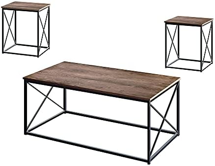 Coral Flower Modern Coffee Table Includes Coffee Table and Two End Tables, Modern Industrial Metal and Wood Occasional Tables, 3pc, Dark Oak
