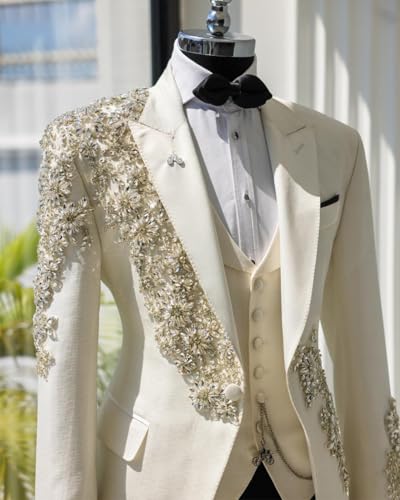 3 Pieces Men's Tuxedo Slim Groom Wedding Suits Luxury Rhinestones One Button Blazer Vest Pants Set for Prom,Party3