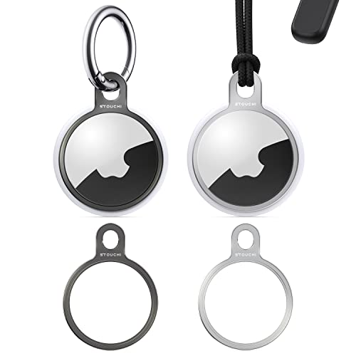 [2Pack] Stouchi AirTag Keyring Stainless Steel Air Tag Case Holder Cover with One Keychain and One Strap Simple Set-up Slim Design for AirTags Key Finder Air Tags Accessories