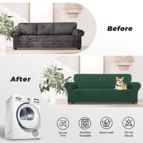 Weerrw Velvet Couch Cover For 3 Cushion Couch Covers - Stretch Sofa Slipcovers With Non Skid Foam And Elastic Bottom, Furniture Protector For Pets, Crafted From Soft Plush Fabric, Emerald Green, Large #TOP4