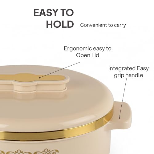 Image of CELLO Exotic 1000 Casserole Hot Pot Case for Daily Use 1000 ml, Cream | Double Wall PU Insulated Serving Hot & Warm Food Hot Pot Box | Stylish Airtight Kitchen Casserole Set for Roti Rice Biryani