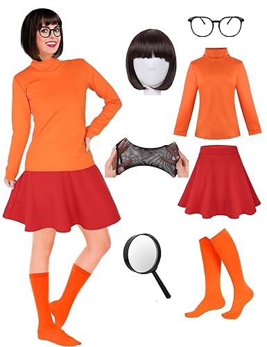 Women Costume Adult Top Skirt and Socks, Bob Wig, Glasses,