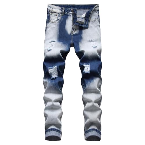 Ripped Jeans Men Slim Fit Straight Leg Denim Pants Stretch Mens Lounge Patchwork Style