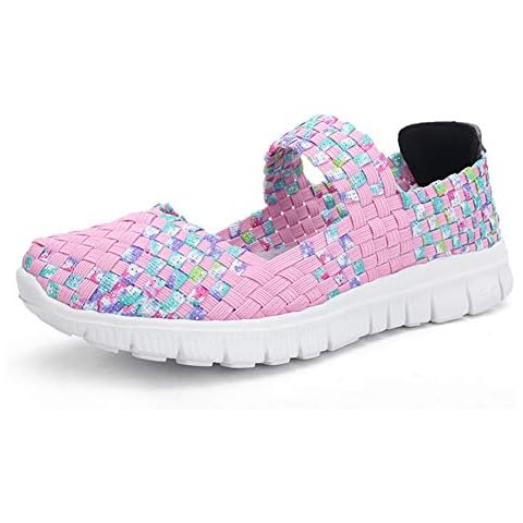 ZXWFOBEY Women’s Water Shoes Slip On Flat Shoes Woven Light Weight Elastic Trainer Road Running Sports Shoes Loafer Flats Summer Sandals Outdoor Pink Cover