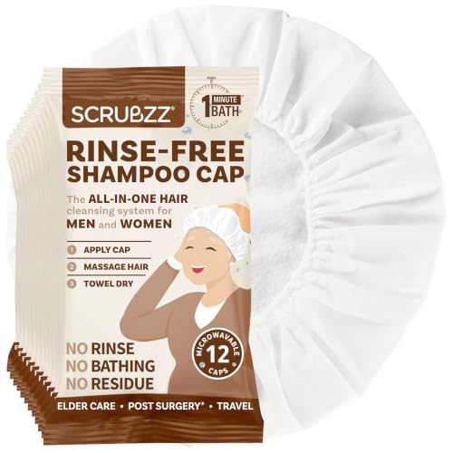 Scrubzz Shampoo Caps No Rinse for Elderly and Bedridden Patients, Rinse Free Shampoo Caps for Post Surgery and Hospital Stays, Waterless Hair Washing Shower Caps - Coconut Vanilla - 12 Pack