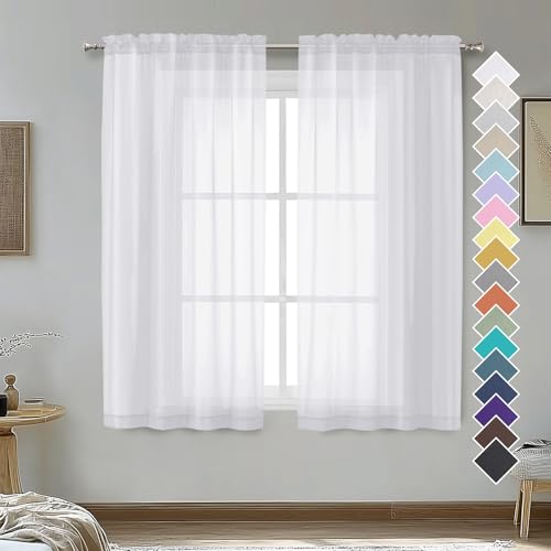OVZME 2 Panels Sheer White Curtains 54 Inches Length Window Treatment for Kitchen, Elegant Airy Transparent Curtain Draperies Rod Pocket for Kids Living Room, Each 42 Width 54 Length