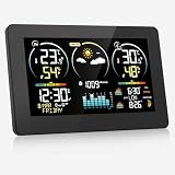 Wetterstation Funk mit Außensensor, 7,8 Zoll Großes Farbdisplay mit Beleuchtung & DCF Funkuhr, Wettervorhersage, Innen- & Außentemperatur, Luftfeuchtigkeit, Luftdruck, Mondphase (Schwarz1)