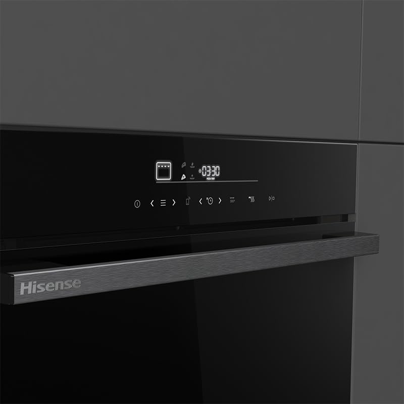 Hisense HO66F PIZZACHEF Four électrique 60 cm, mode pizza Pro 350°, nettoyage pyrolytique, air fry, even Bake, wifi, 77 litres, porte douce, programmes automatiques, noir
