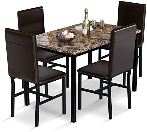 AWQM 5 Piece Dining Table Set for 4,Faux Marble Kitchen Table and Chairs for 4, Modern Dining Room Table Set with PU Leather Chairs, Dinette for Small Spaces,Breakfast Nook,Living Room, Brown