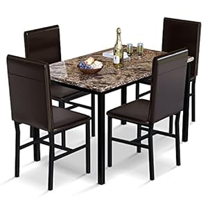 AWQM 5 Piece Dining Table Set for 4,Faux Marble Kitchen Table and Chairs for 4, Modern Dining Room Table with 4 Chairs,Dinner Table Set for Small Spaces, Brown