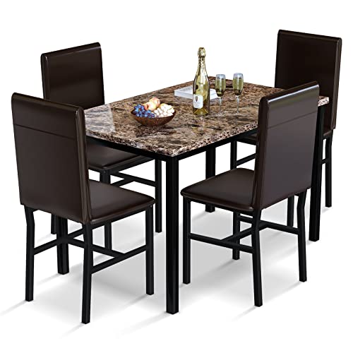 AWQM 5 Piece Dining Table Set for 4,Faux Marble Kitchen Table and Chairs for 4, Modern Dining Room Table with 4 Chairs,Dinner Table Set for Small Spaces, Brown