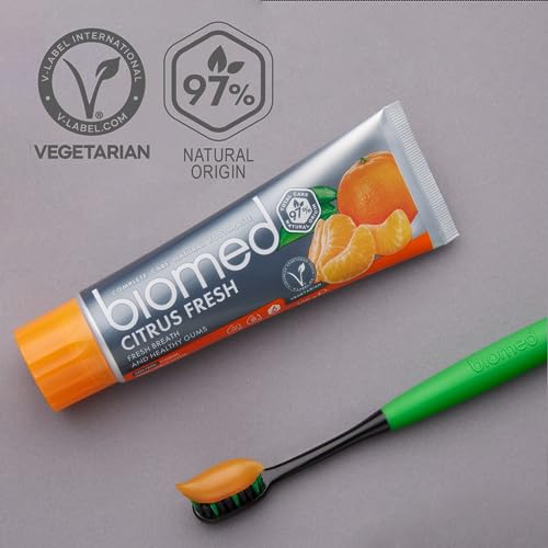 Biomed Citrus Fresh 97% natürliche Zahnpasta | Orange, frischer Atem, gesundes Zahnfleisch | Mandarine Grapefruit Zitrone ätherische Öle, Fruchtgeschmack, vegetarisch, SLES frei, 100 g (3 Stück) – Bild 8