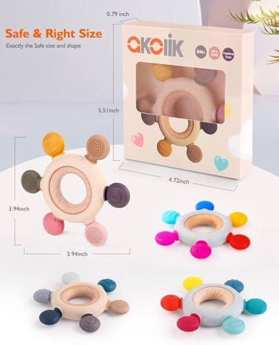 Image of Silicone & Wooden Baby Teether for 0-12 Months | Food Grade Silicone Teething Toy | Soft & Safe Gum Relief | BPA Free Chew Toy for Infants 3-6, 6-12 Months | Teething Toys for Babies (Round Ring)