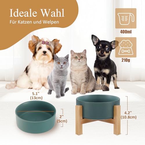 Futternapf Katze Fressnapf Katze Katzennapf - Erhöht mit Napfständer Holz und Rutschfesten Füßen - Hundenapf Keramik für Katzen Hunde Welpe Futter und Wass - 400ml - Grün
