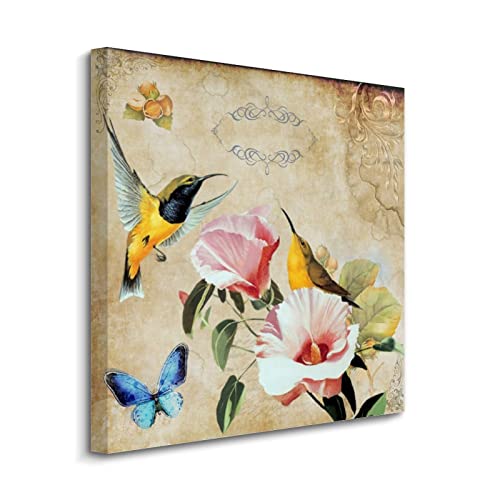 Toile murale oiseaux et fleurs peinture encadrée décoration salon 50x50cm