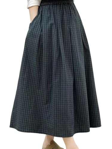 utcoco Women's Gingham Midi Skirt Elastic High Waist A-Line Flared Long Skirt for Casual Daily & Office Wear