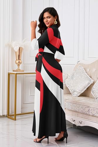 Image of Rumwind Maxi Dresses for Women, 3 /4 Sleeve Shirt Collar Casual Afircan Print Church Dress Button Down with Belt and Pockets
