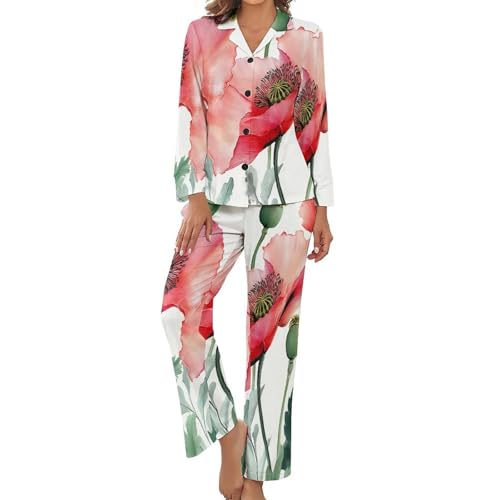 Pyjama femme manches longues imprimé pavot aquarelle idéal pour vos matinées de printemps douillettes