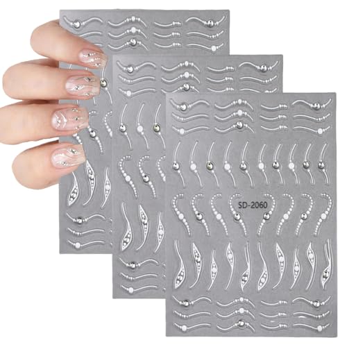 Rainway 3 sztuki naklejek na paznokcie 5D, srebrne, francuskie naklejki na paznokcie z kryształowymi liniami – samoprzylepne naklejki 5D relief dla kobiet, akcesoria do manicure w stylu Ins Style