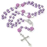 Kuesn Amethyst Catholic Rosary Necklace 6mm Purple Pearl Beads Rose Flower Cross Religious Necklace (Purple)