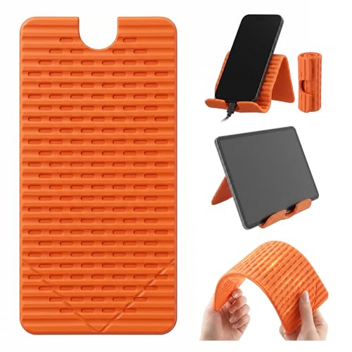 ZURCAS Flexible Silicone Aluminum Phone Holder Tablet Stand with Charging Port Design, Foldable Airplane Laptop/Phone Stand for Home Office Travel (Orange)