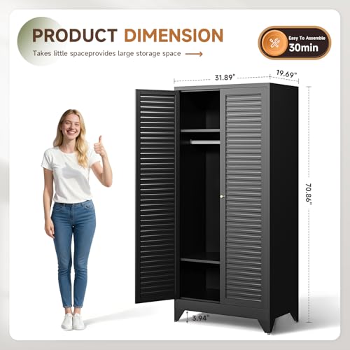 Image of Letaya Armoire Wardrobe Closet,20 inch Deep Metal Wardrobe Cabinet with Doors and Shelves,Hanging Rod Clothing Storage Cabinets for Home RoomBlack