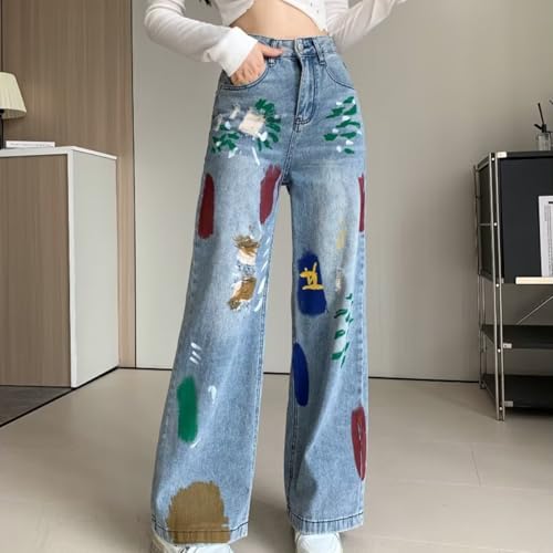 Fashion Womens Jeans Y2K High Waist Wide Leg Casual Loose Straight Cute Graffiti Ripped Denim Pants2